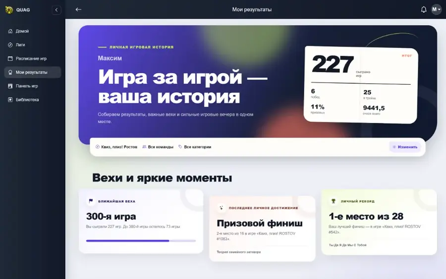 Личная игровая история и результаты игрока в QUAG